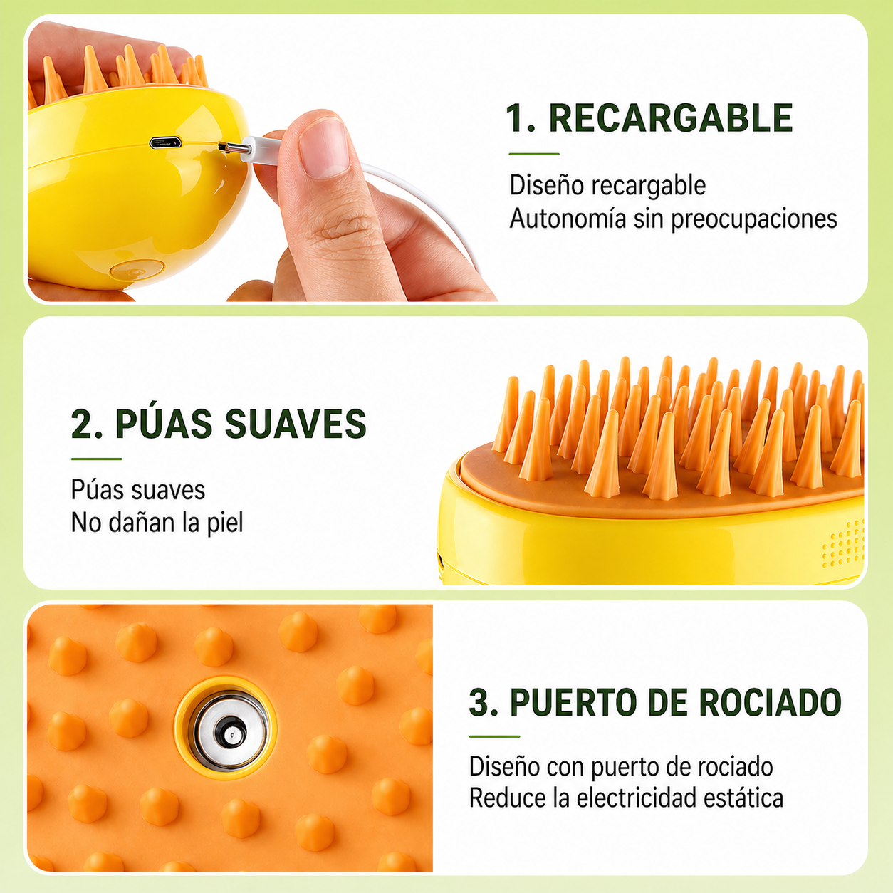 Cepillo de vapor recargable para perros y gatos con púas suaves y función antiestática