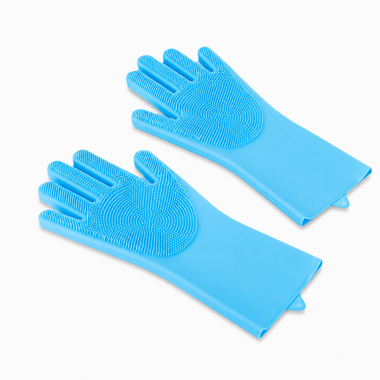 Par de guantes azules de silicona con cerdas suaves para limpiar, masajear y cuidar el pelaje de mascotas.