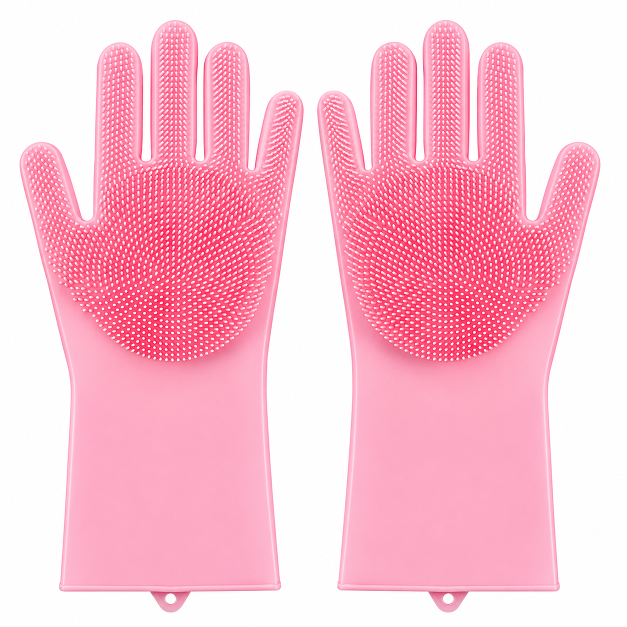 Par de guantes rosas de silicona con cerdas suaves para limpiar, masajear y retirar pelo suelto durante el baño de perros y gatos.