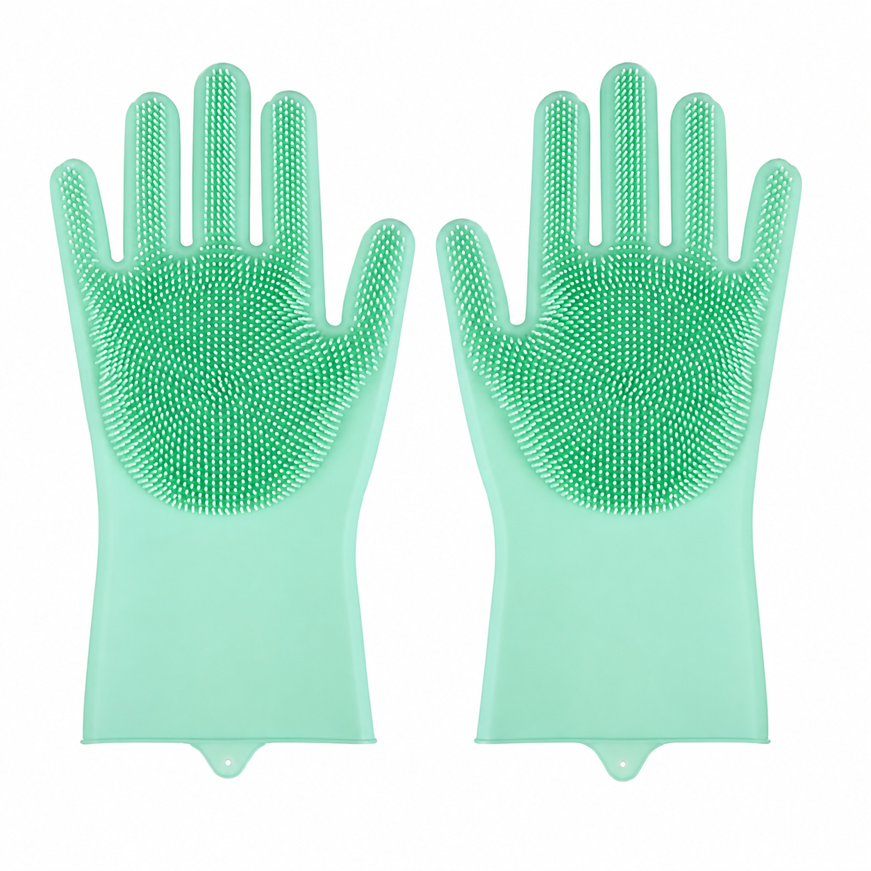 Guantes verdes de silicona con textura suave para el baño, masaje y cuidado del pelaje de perros y gatos.
