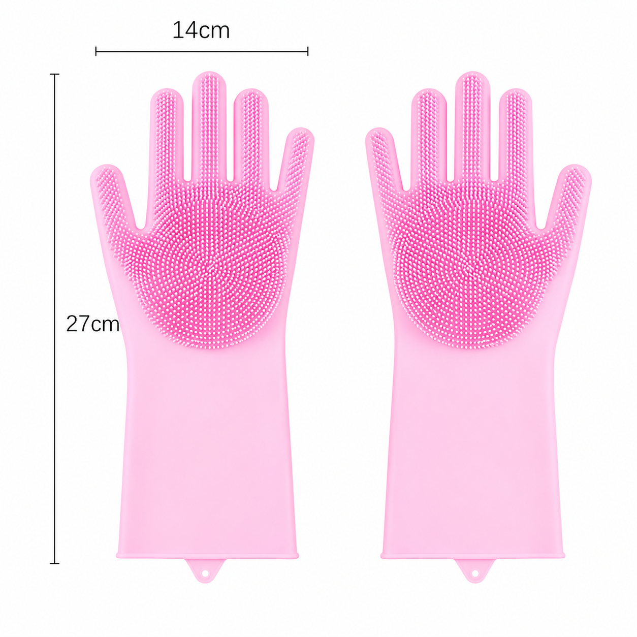 Imagen de referencia con medidas aproximadas de los guantes de silicona para baño y masaje de mascotas.