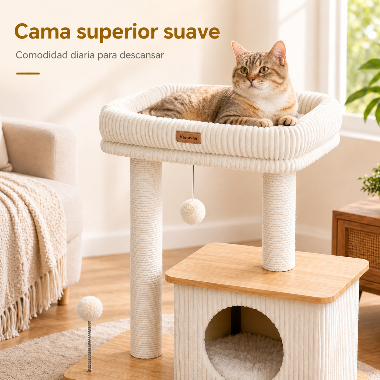Gato descansando en la cama superior suave de un árbol rascador blanco para gatos