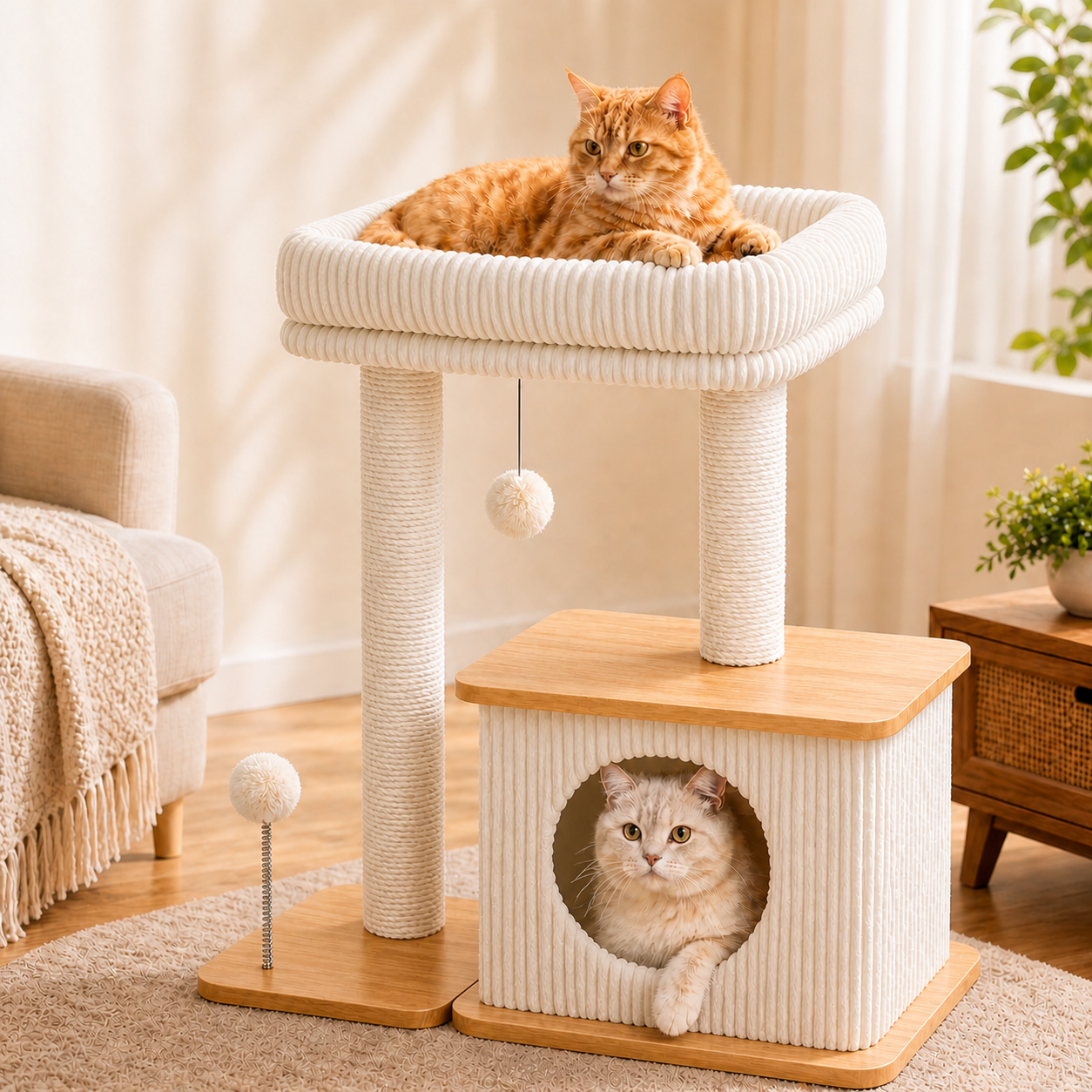 Árbol rascador blanco para gatos con casita inferior y cama elevada para descanso