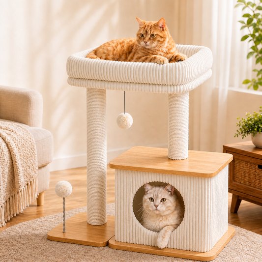 Árbol rascador blanco para gatos con casita inferior y cama elevada para descanso