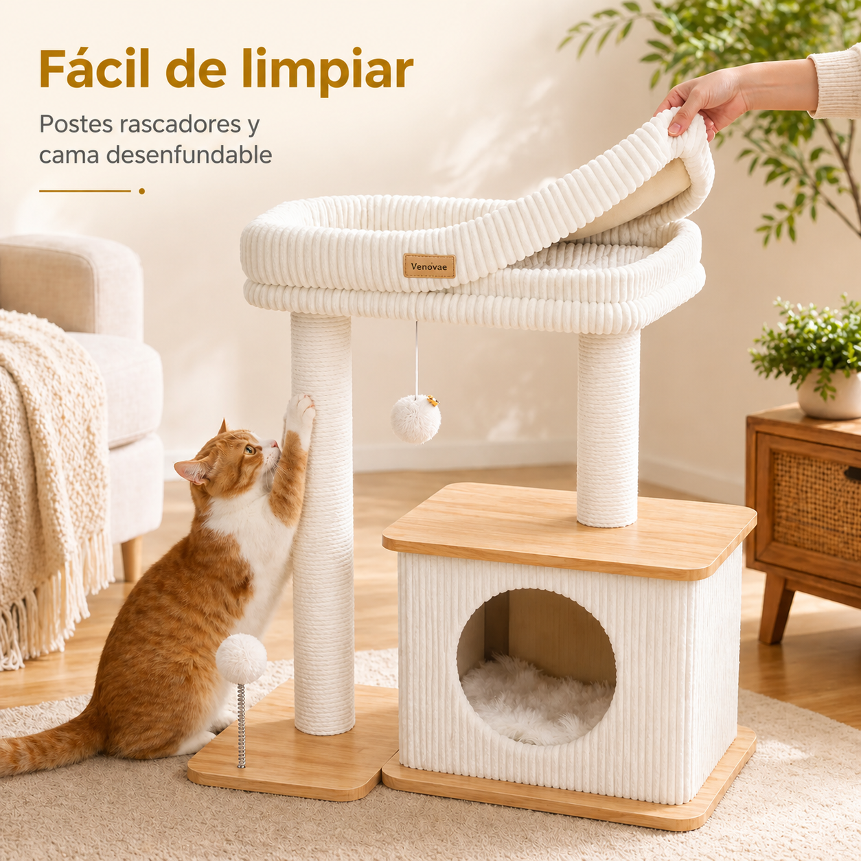Árbol rascador blanco para gatos con cama desenfundable y postes para rascar