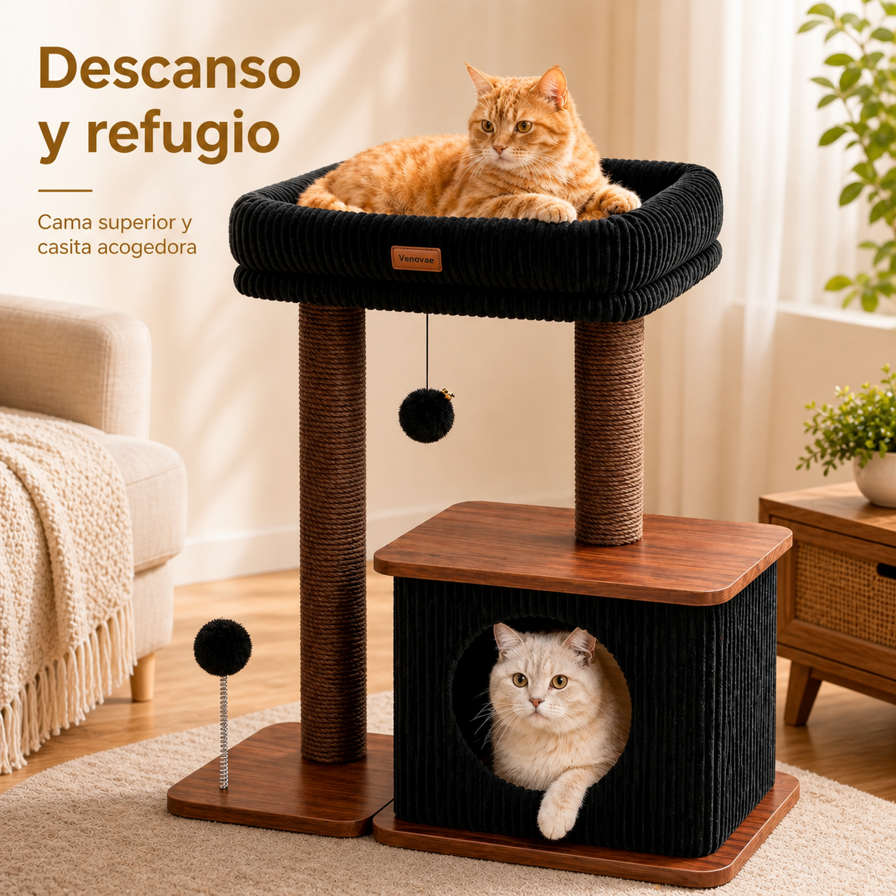 Árbol rascador para gatos negro con casita acogedora, cama superior y postes rascadores