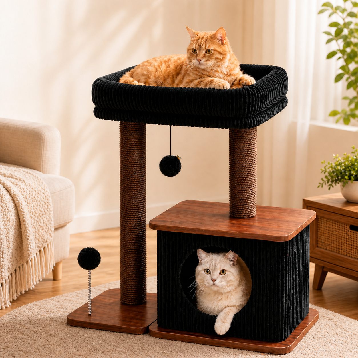 Árbol rascador negro para gatos con cama superior, casita inferior y diseño moderno