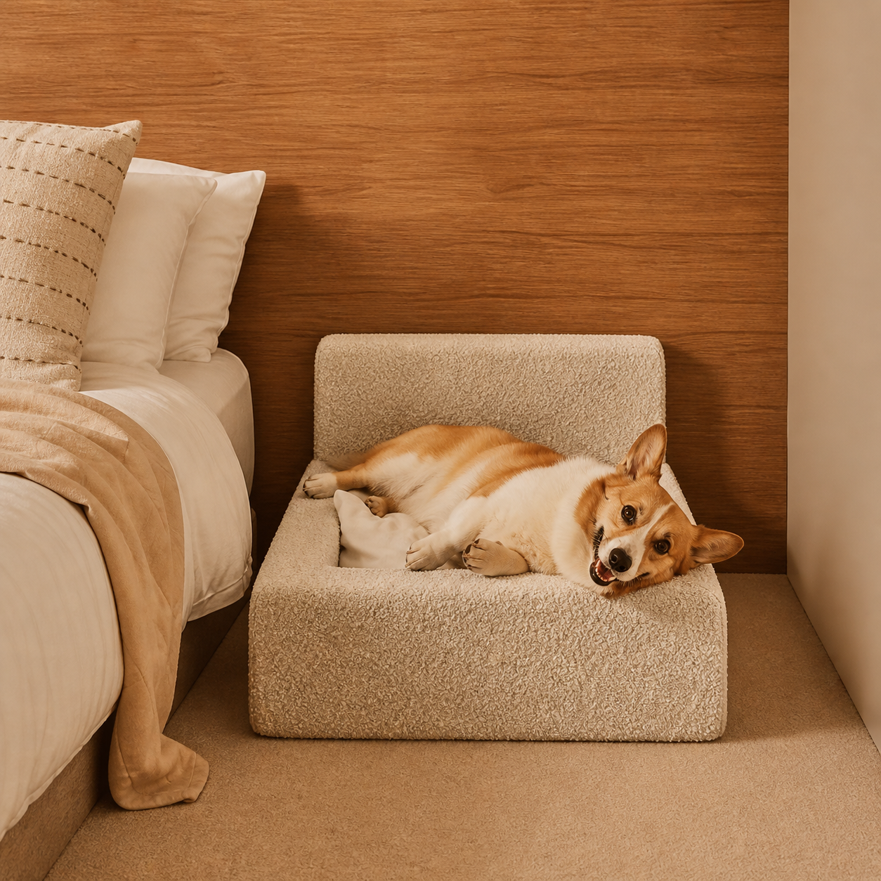 Corgi descansando en una cama sofá acolchada para mascotas, colocada junto a la cama principal del dormitorio.