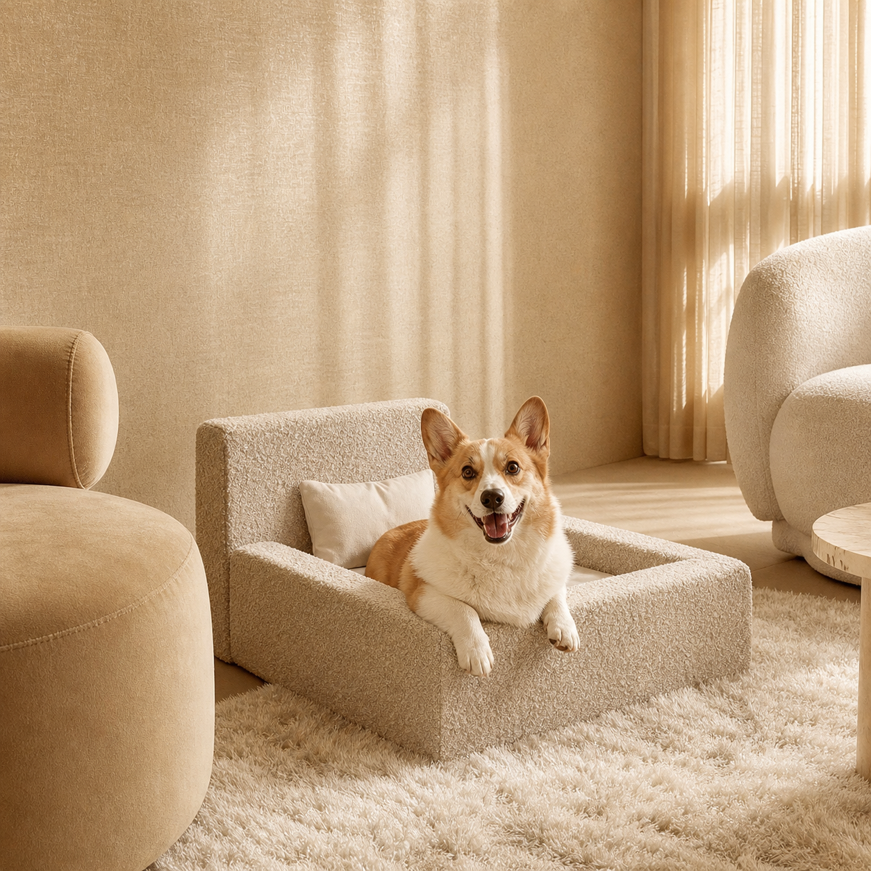 Corgi descansando en una cama sofá para mascotas con textura suave, respaldo acolchado y diseño elegante para el hogar.