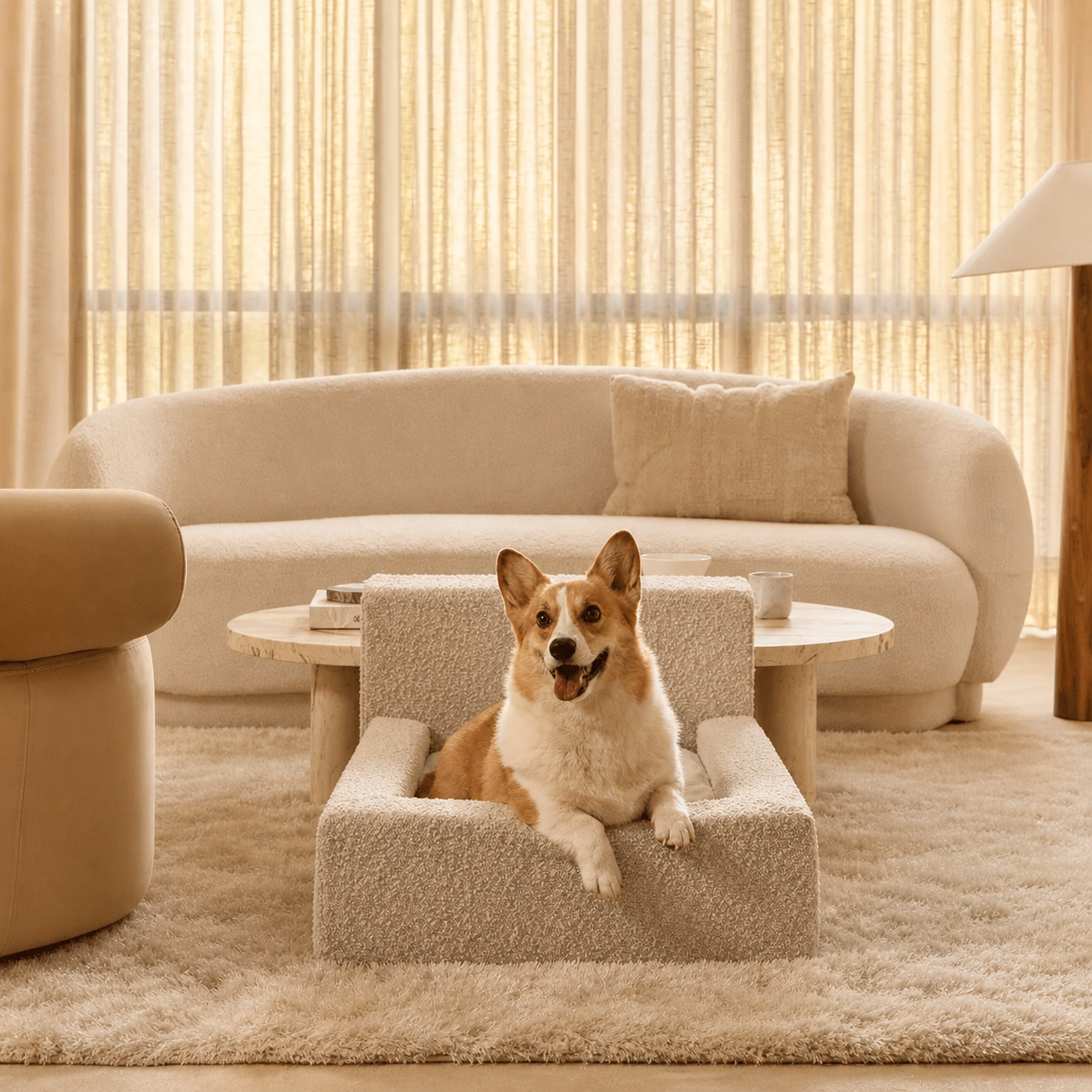 Corgi descansando en una cama sofá para mascotas con textura suave, respaldo acolchado y diseño elegante para el hogar.