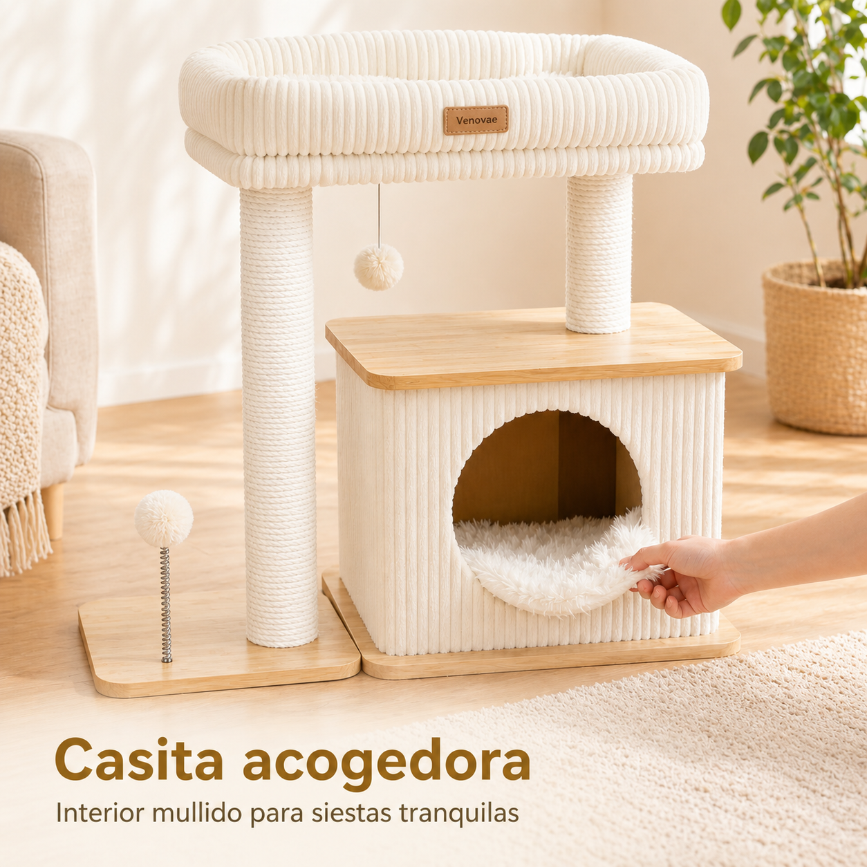 Casita acogedora para gatos con interior mullido dentro de un árbol rascador blanco