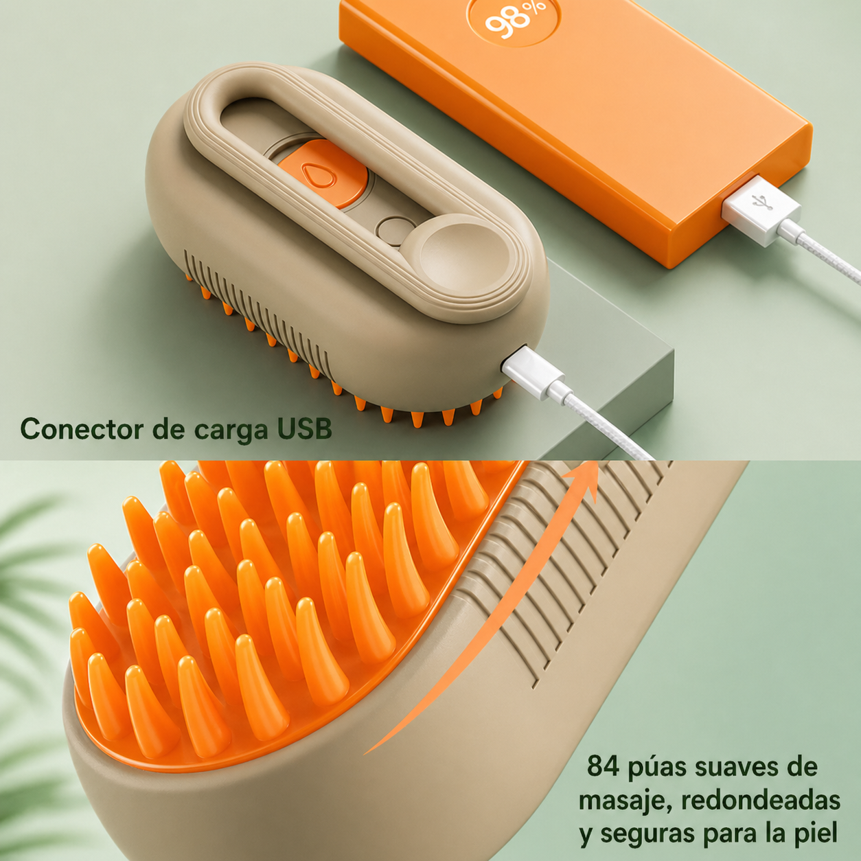 Cepillo masajeador para mascotas con carga USB y púas de silicona suaves