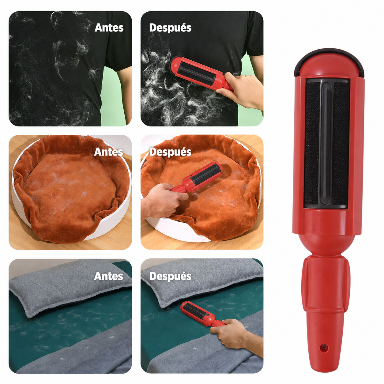 Comparativa antes y después del uso del cepillo quita-pelos rojo en ropa, cama de mascota y sofá