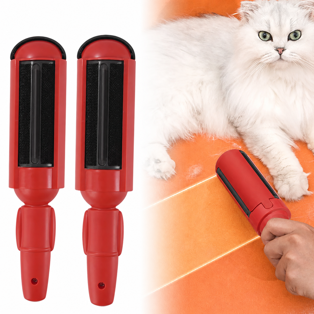 Cepillo quita-pelos reutilizable rojo eliminando pelo de gato sobre sofá o superficie textil