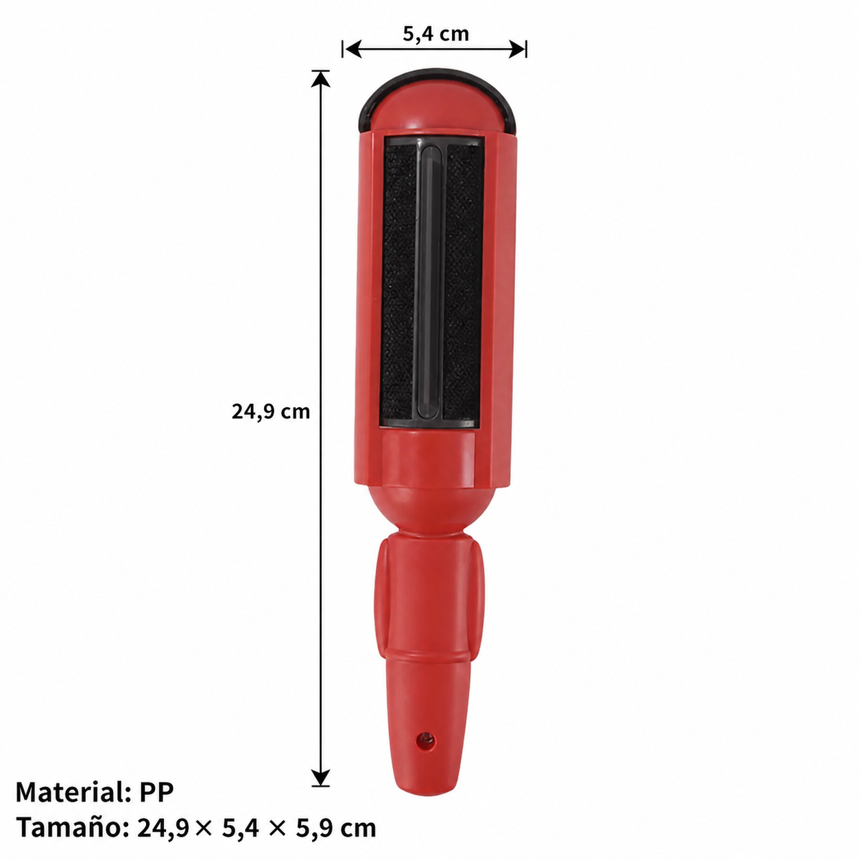Cepillo quita-pelos reutilizable rojo con medidas y material del producto