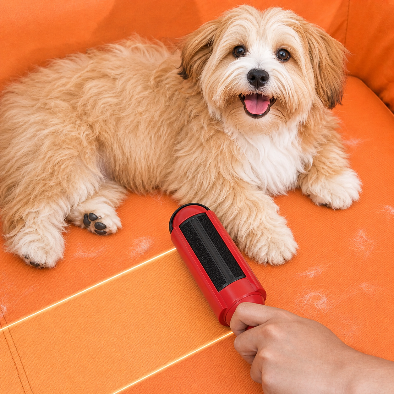 Cepillo quita-pelos reutilizable rojo eliminando pelo de perro sobre sofá o superficie textil