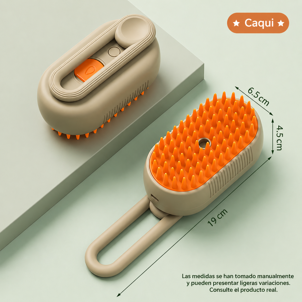 Cepillo de vapor para mascotas con medidas del producto y diseño ergonómico
