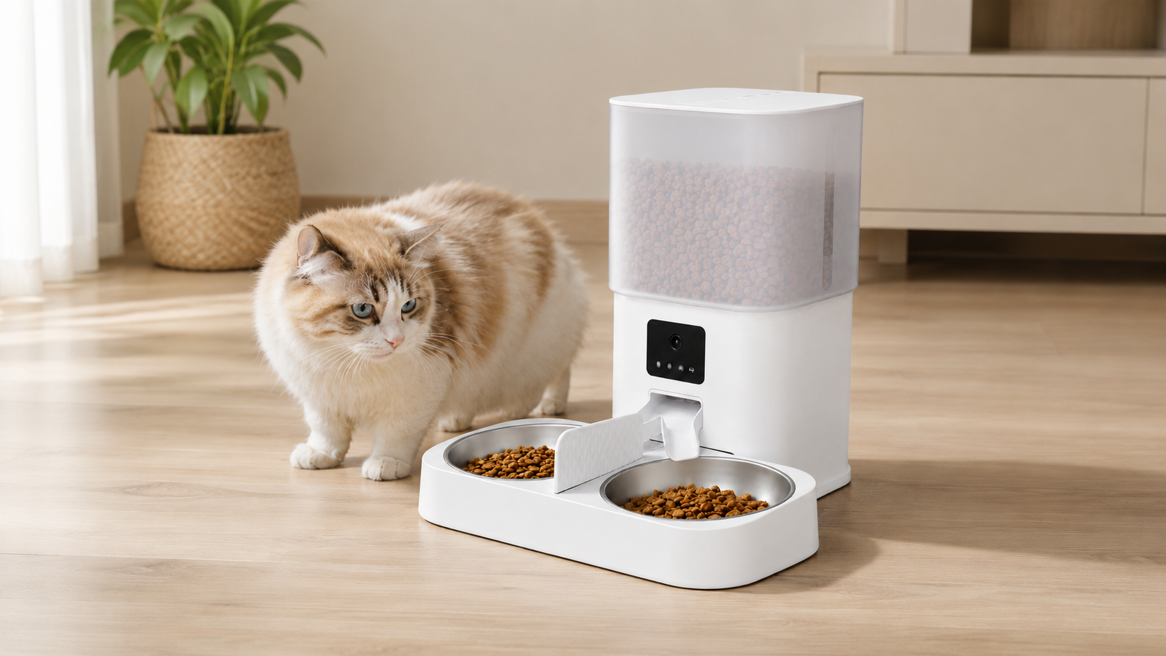 Comedero automático con cámara para gatos y perros en casa