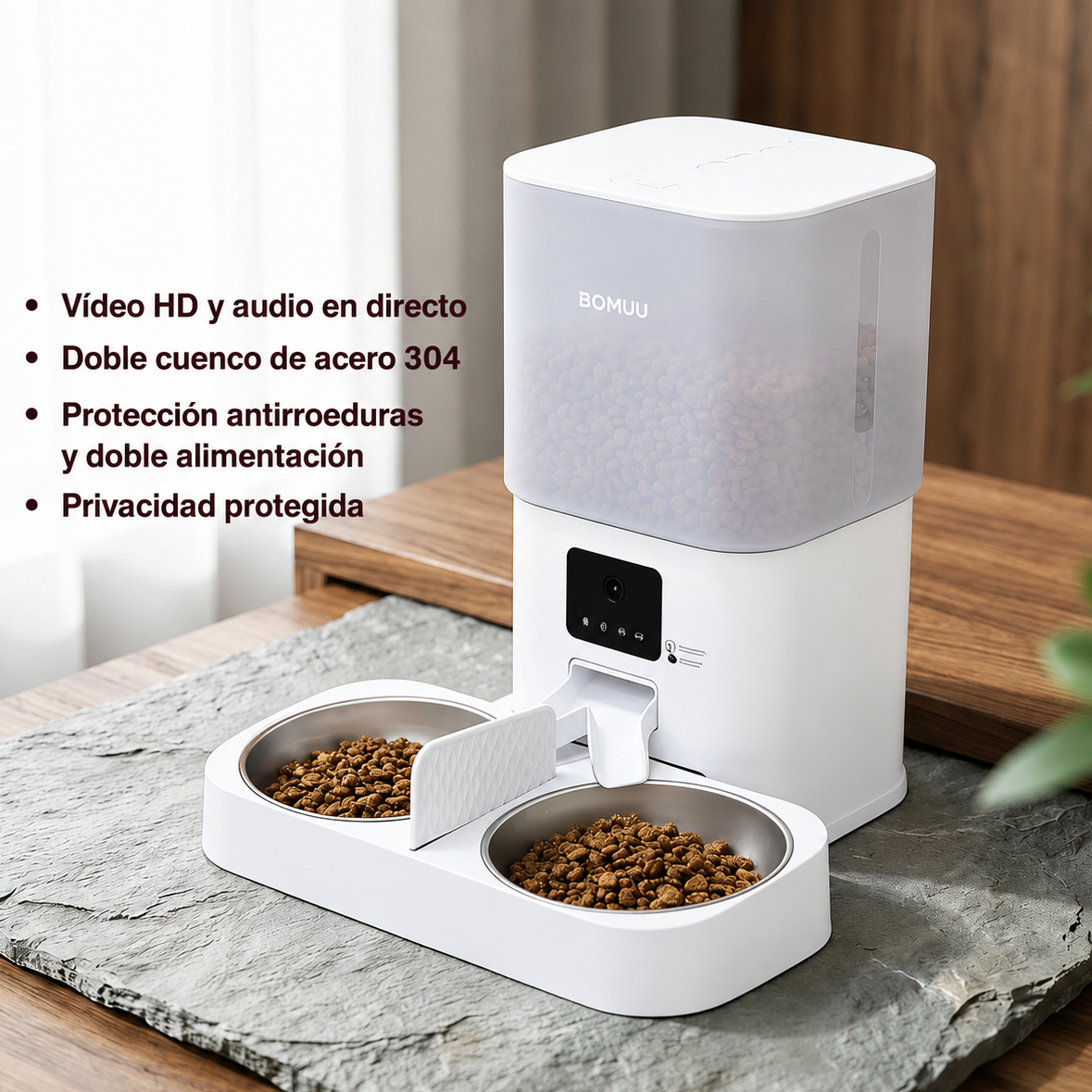 Comedero automático con cámara HD, audio en directo y doble cuenco de acero inoxidable