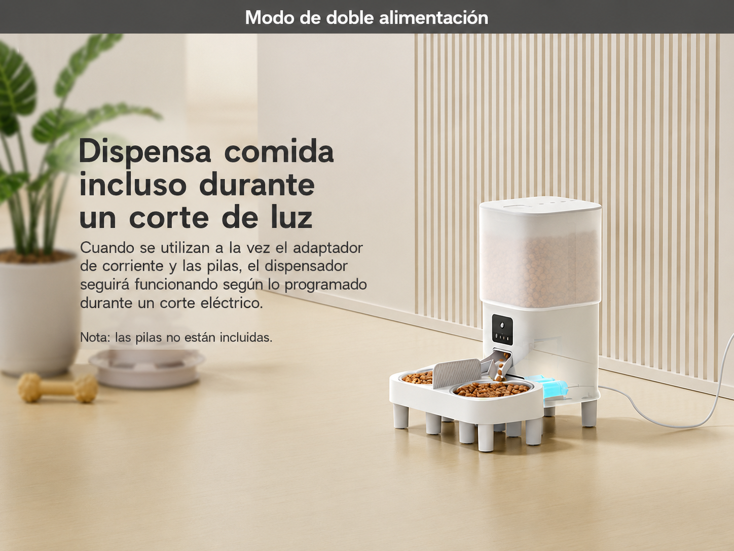 Comedero automático con doble alimentación por adaptador y pilas