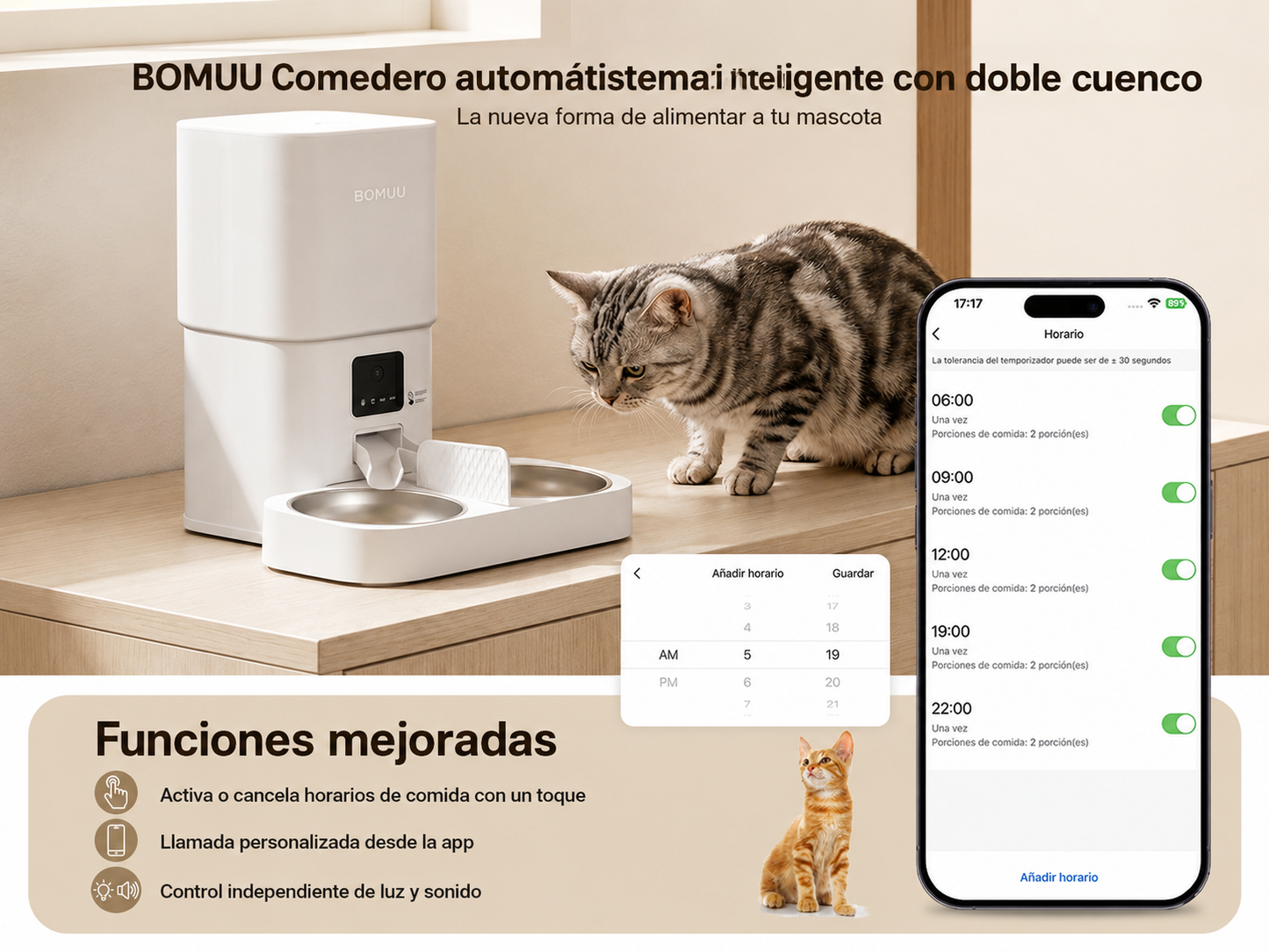 Comedero automático para gatos y perros con funciones mejoradas y programación desde la app