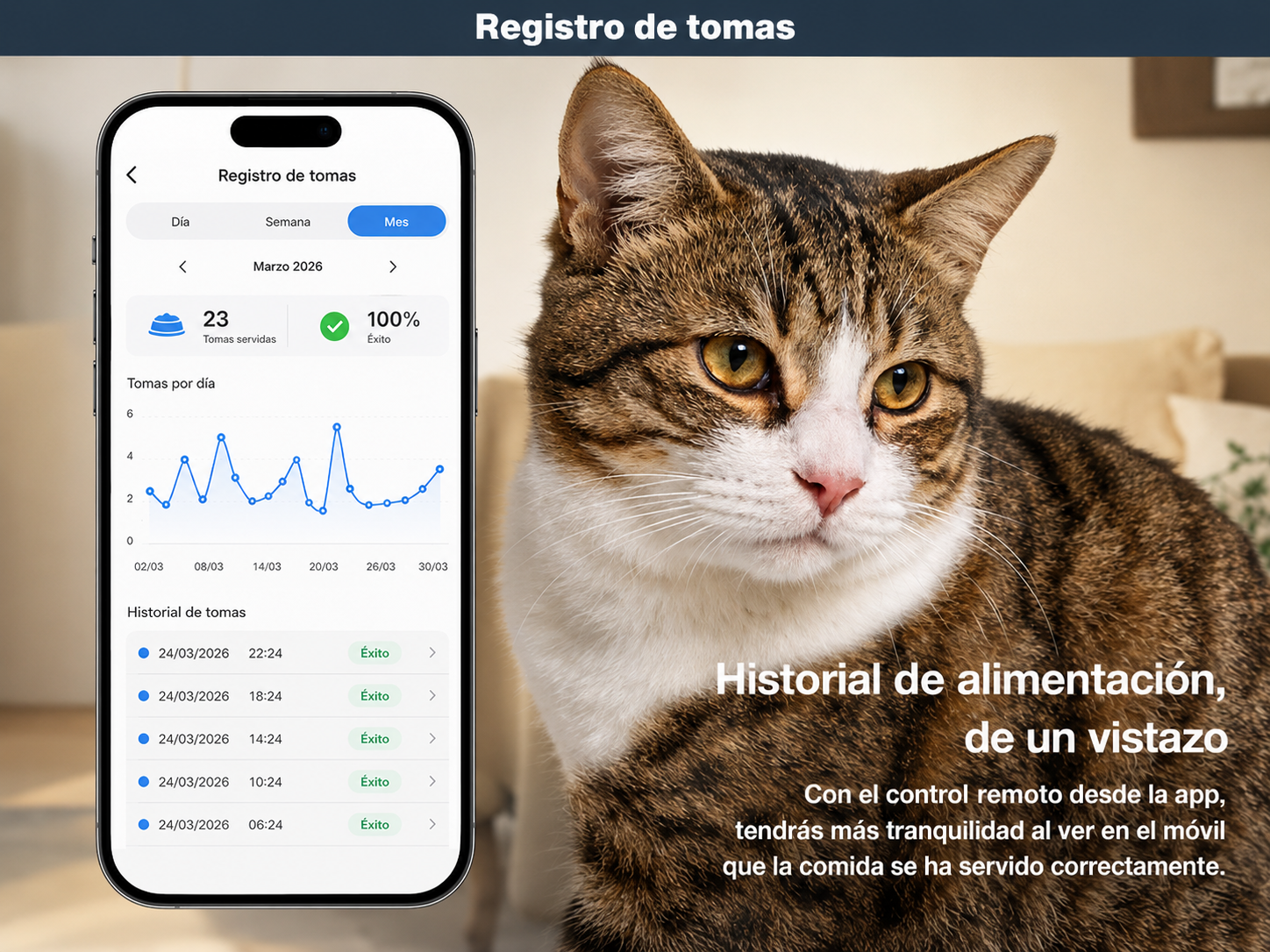 Comedero automático con historial de alimentación y registro de tomas desde la app