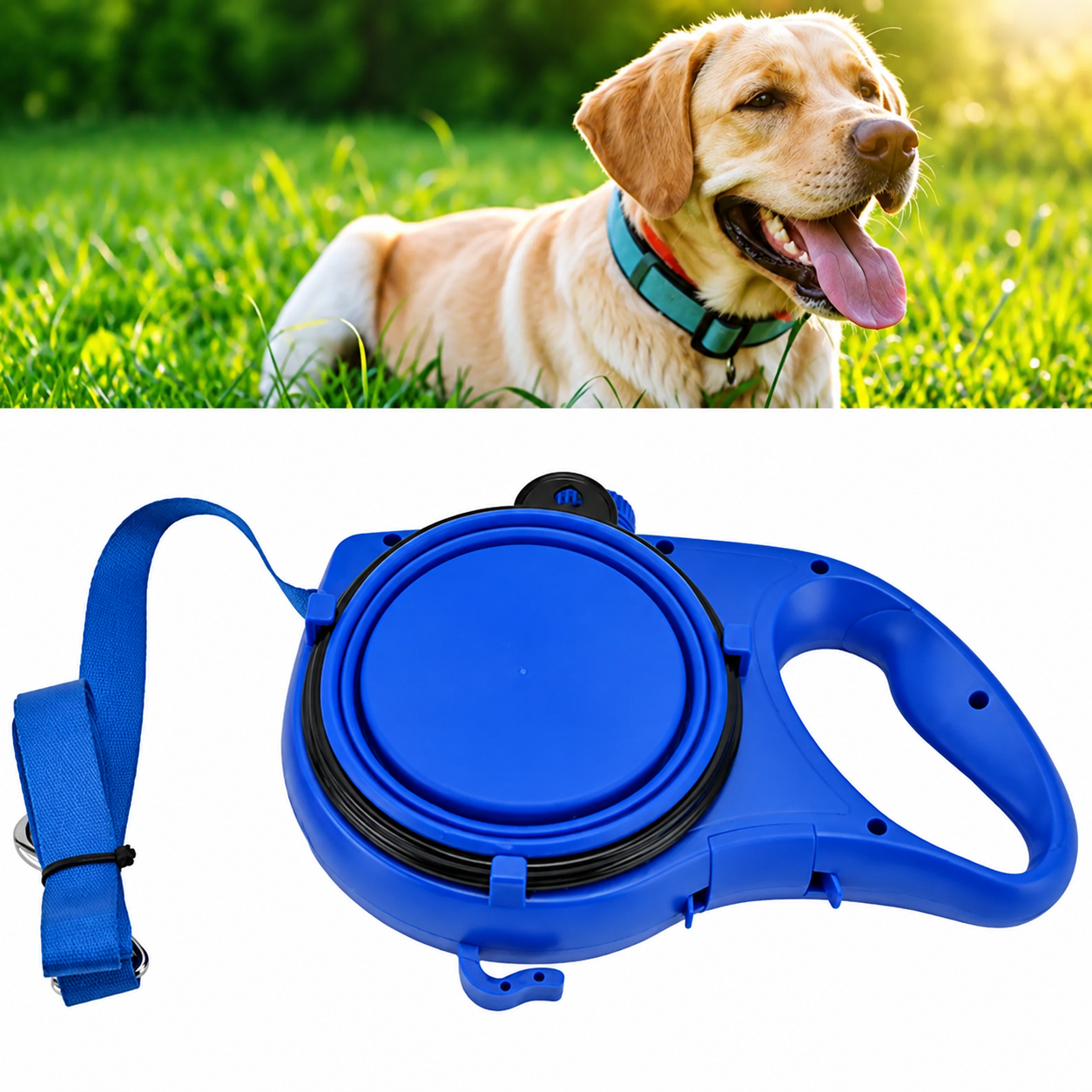 Correa multifunción azul para perros con cuenco plegable y depósito de agua integrado