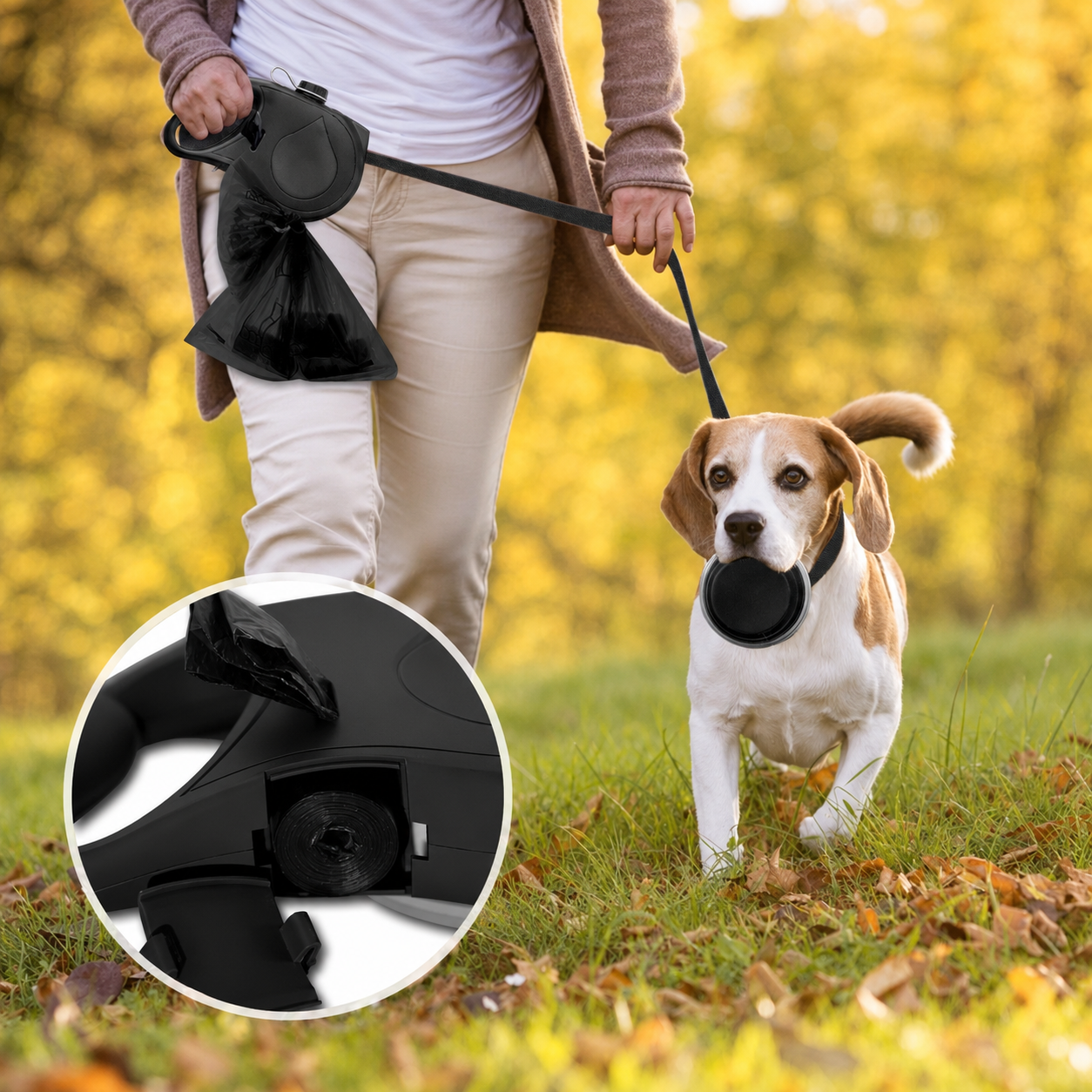 Correa multifunción para perros con compartimento para bolsas higiénicas durante un paseo