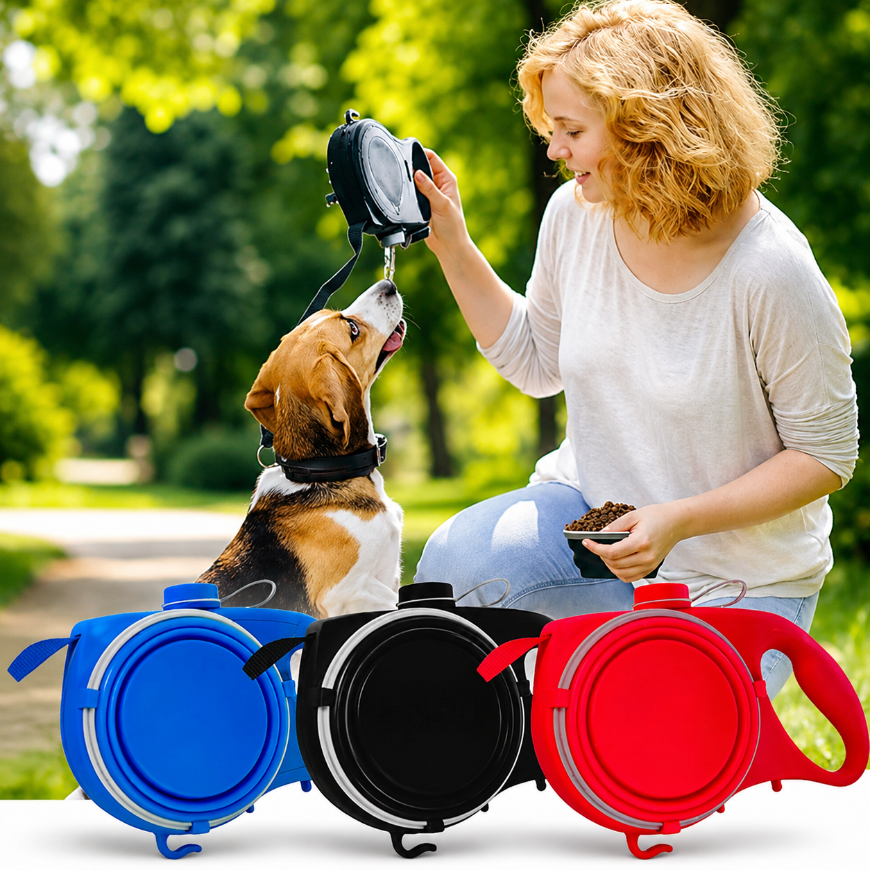 Correa multifunción para perros disponible en azul, negro y rojo durante un paseo al aire libre