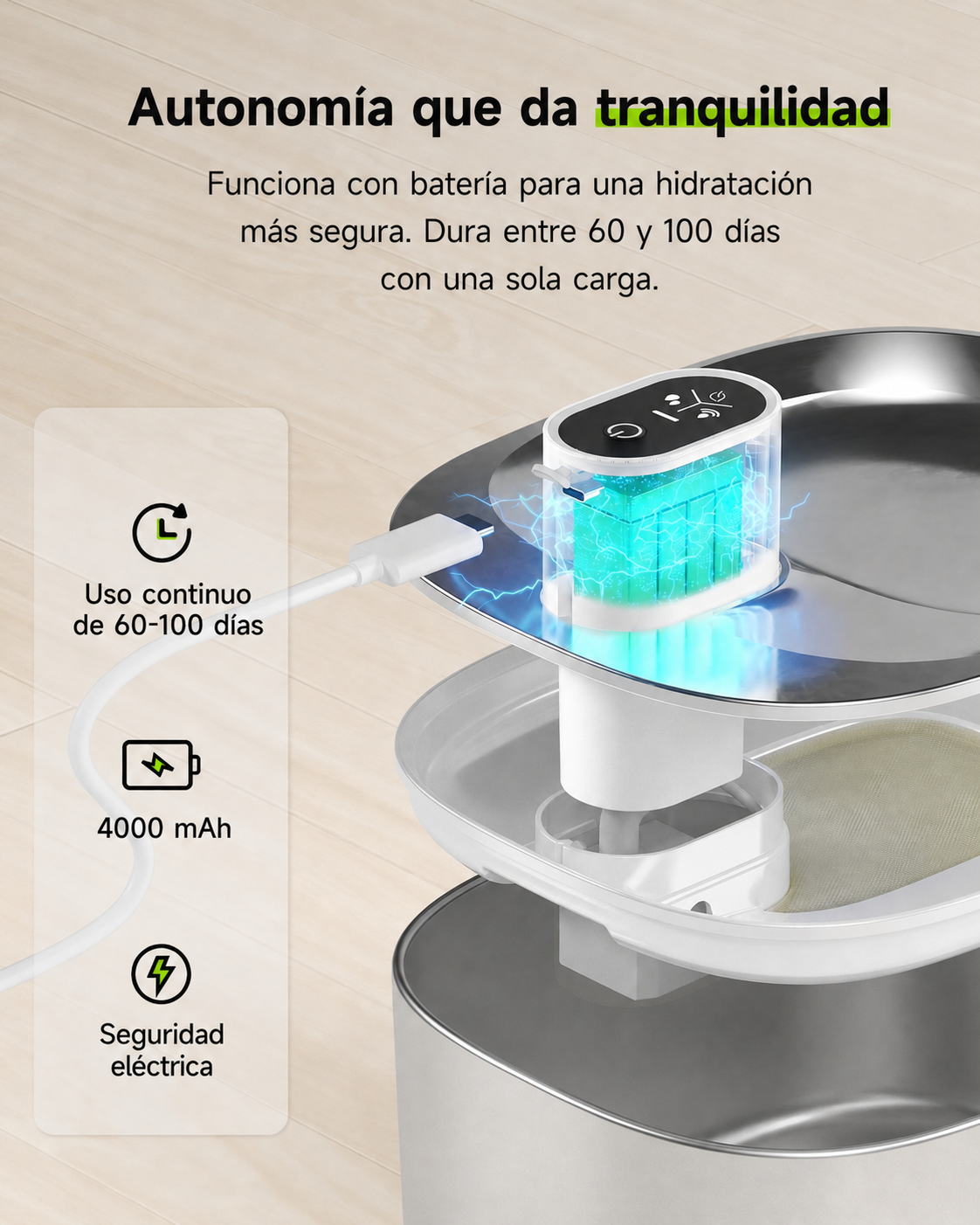 Fuente de agua inalámbrica para mascotas con batería de 4000 mAh y autonomía de 60 a 100 días