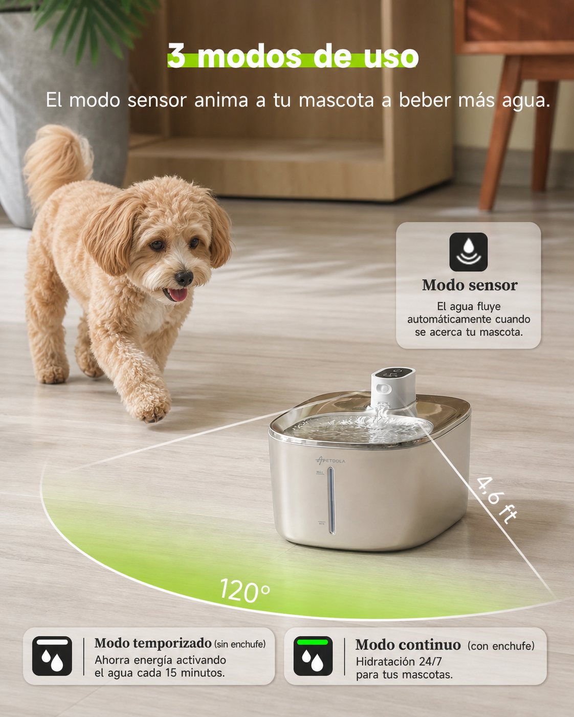 Fuente de agua para mascotas con modo sensor, modo temporizado y modo continuo