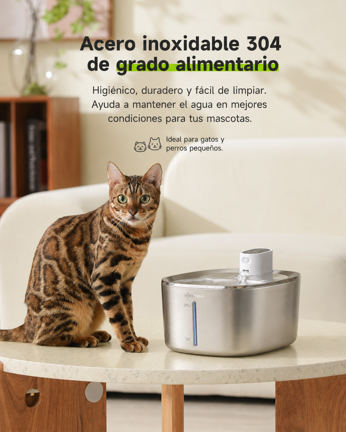 Fuente de agua para mascotas de acero inoxidable 304 de grado alimentario, higiénica y fácil de limpiar