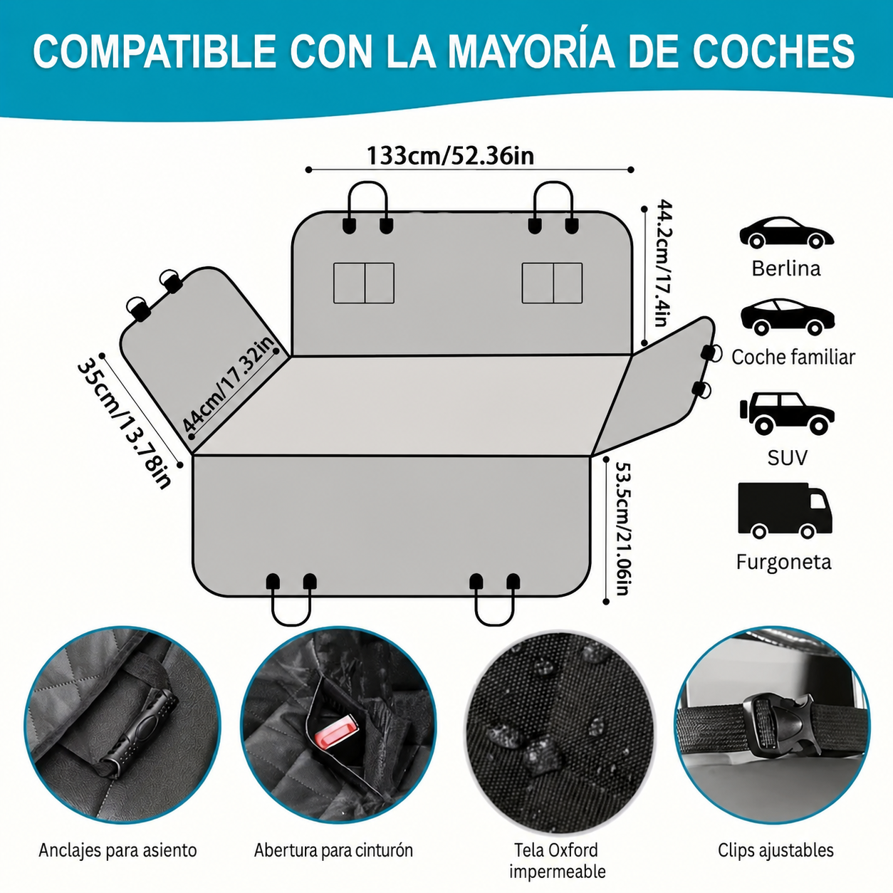 Funda impermeable para asiento trasero de coche para perros con medidas, anclajes, clips ajustables y abertura para cinturón