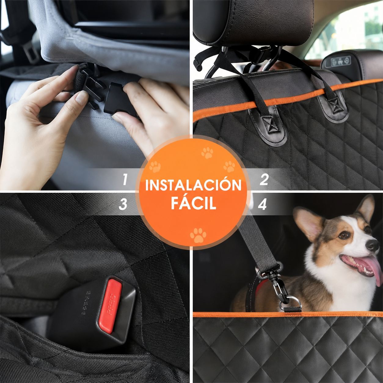 Instalación fácil de funda para coche de perro con correas, clips y abertura para cinturón de seguridad