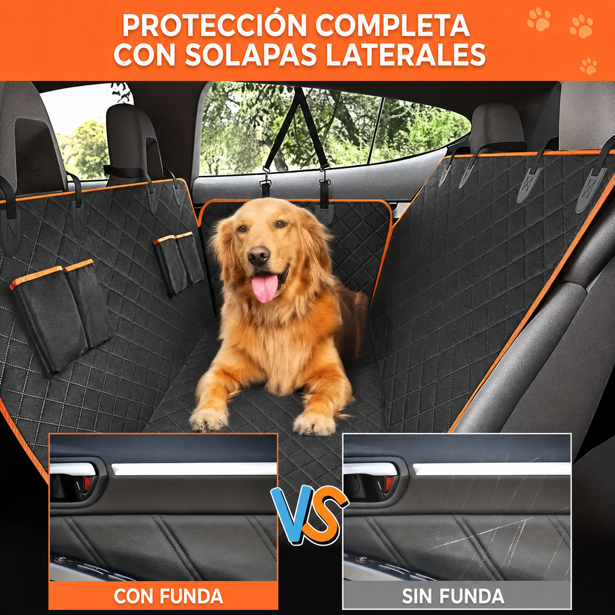 Funda de coche para perro con solapas laterales para proteger el asiento trasero y las puertas