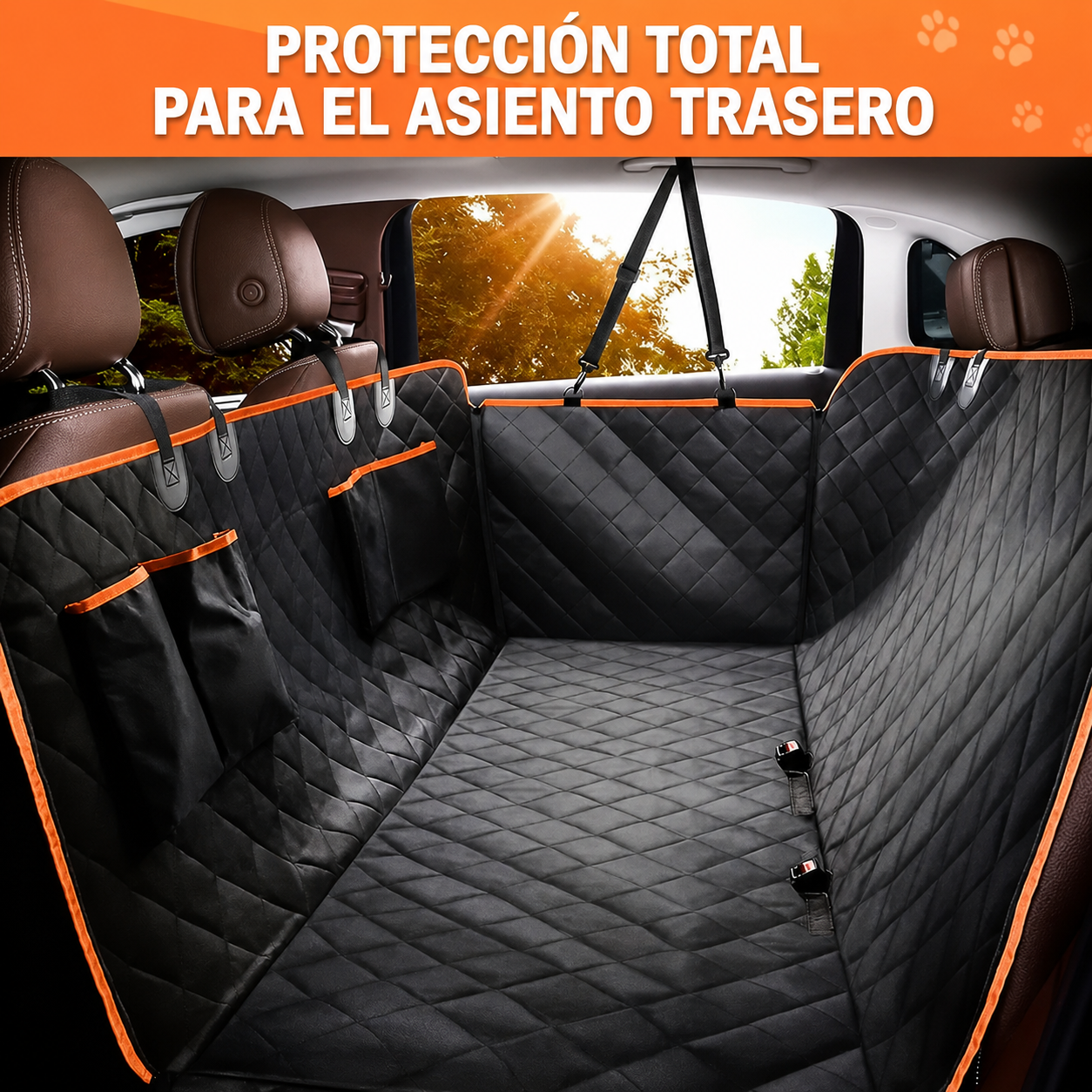 Funda protectora negra para asiento trasero de coche instalada en formato hamaca para perros