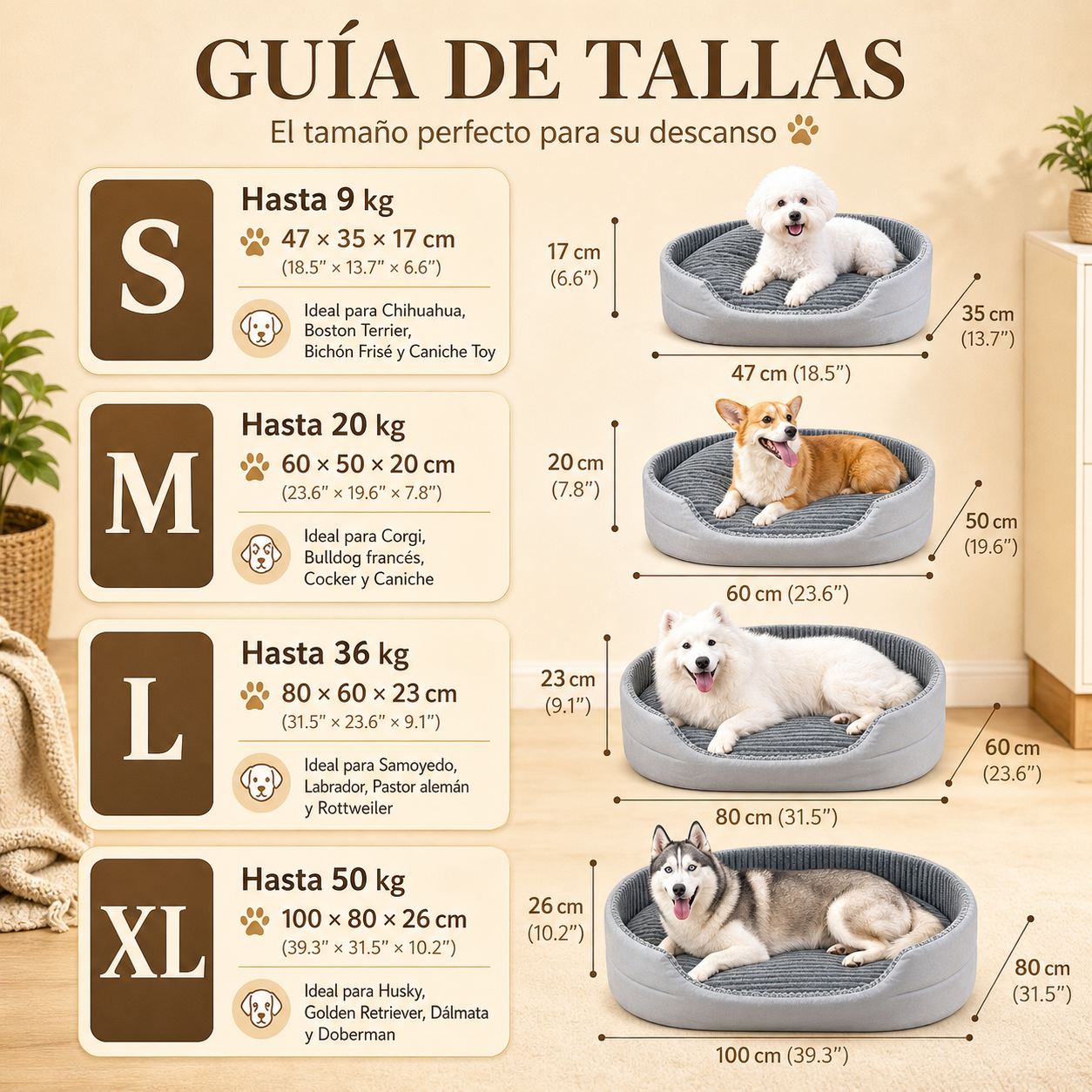 Guía de tallas de cama ortopédica para perros y gatos con medidas S M L y XL