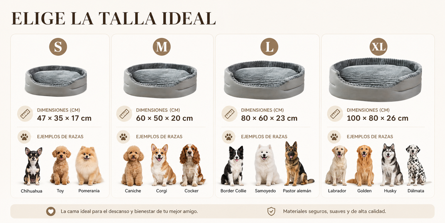 Guía horizontal de tallas para elegir cama ortopédica para perros y gatos