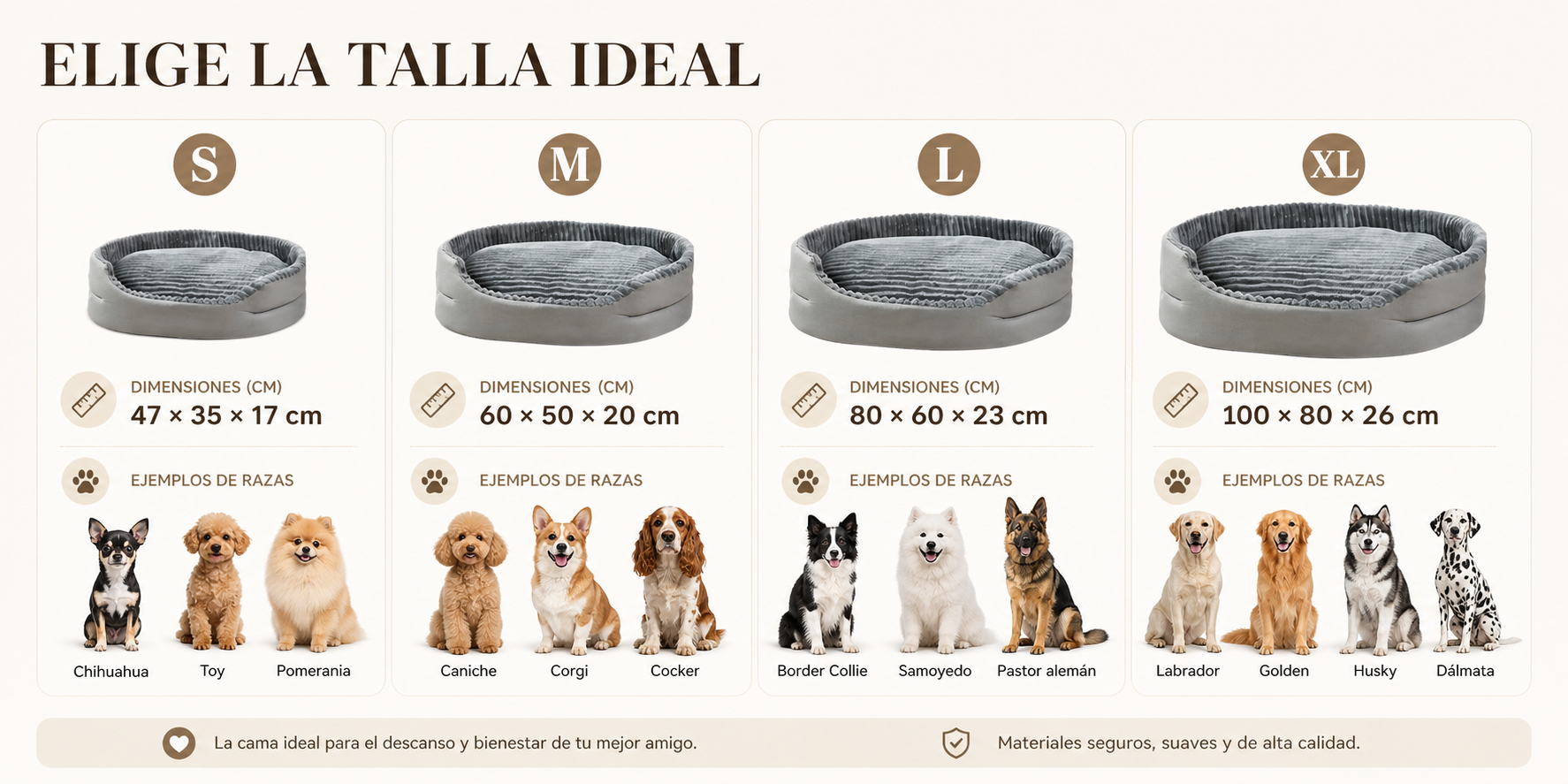 Guía horizontal de tallas para elegir cama ortopédica para perros y gatos