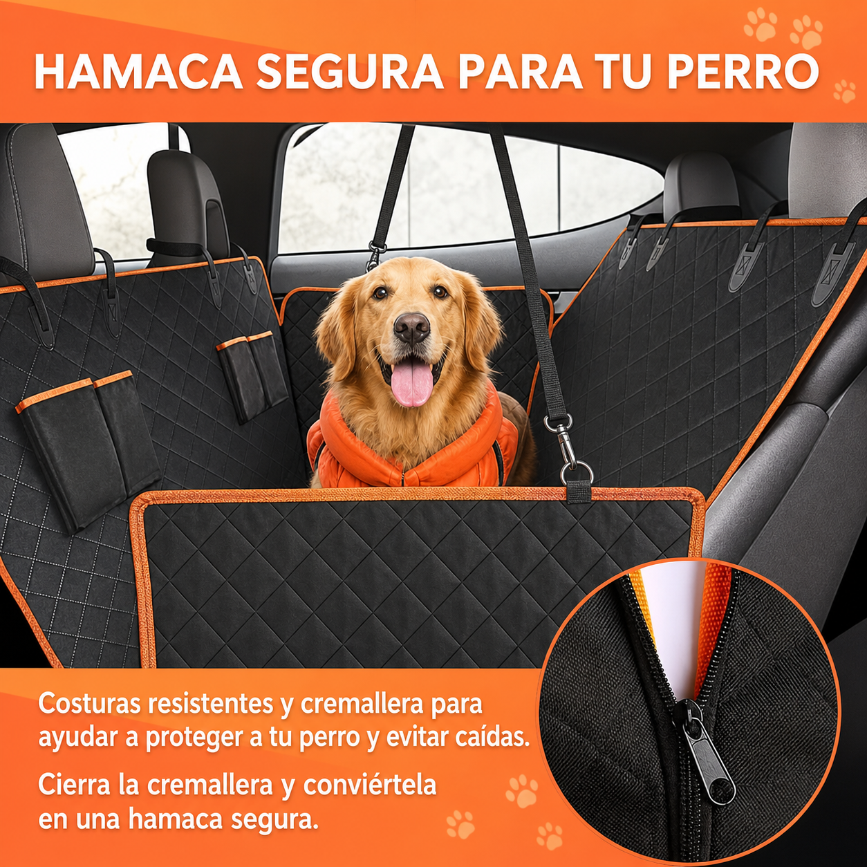 Hamaca de coche para perro con cremallera, costuras resistentes y protección para evitar caídas durante el viaje