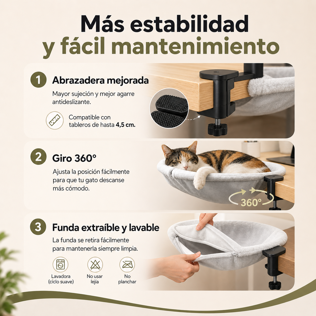 Hamaca para gatos con abrazadera estable, giro 360 grados y funda extraíble lavable