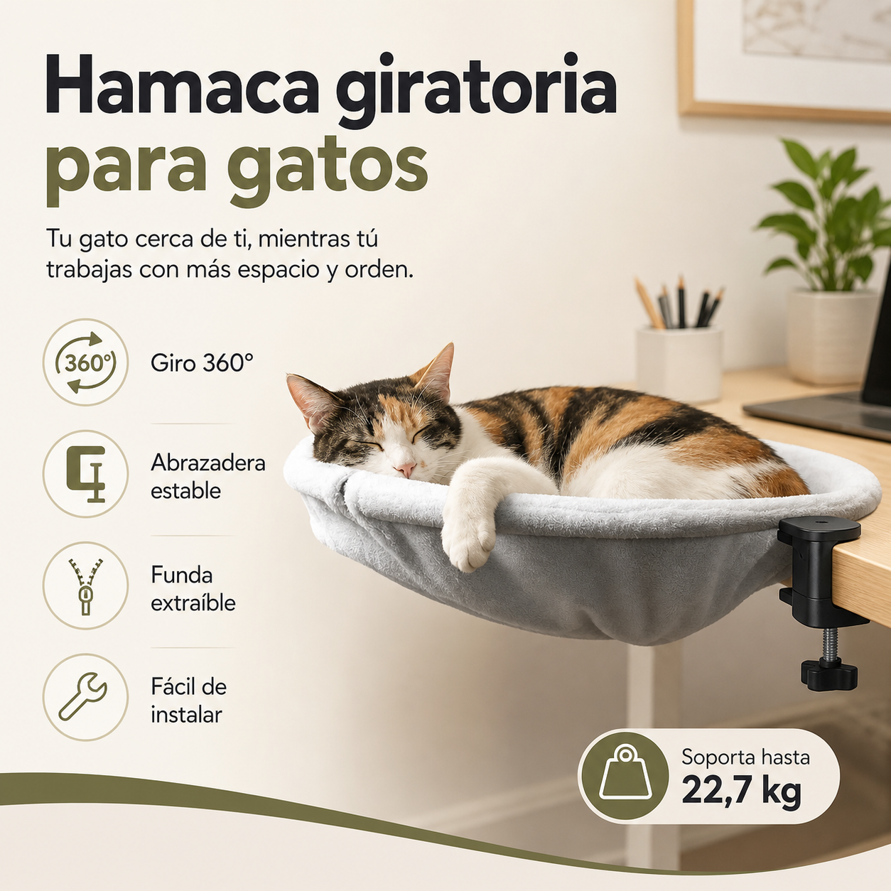 Hamaca giratoria para gatos instalada en escritorio con diseño 360 grados