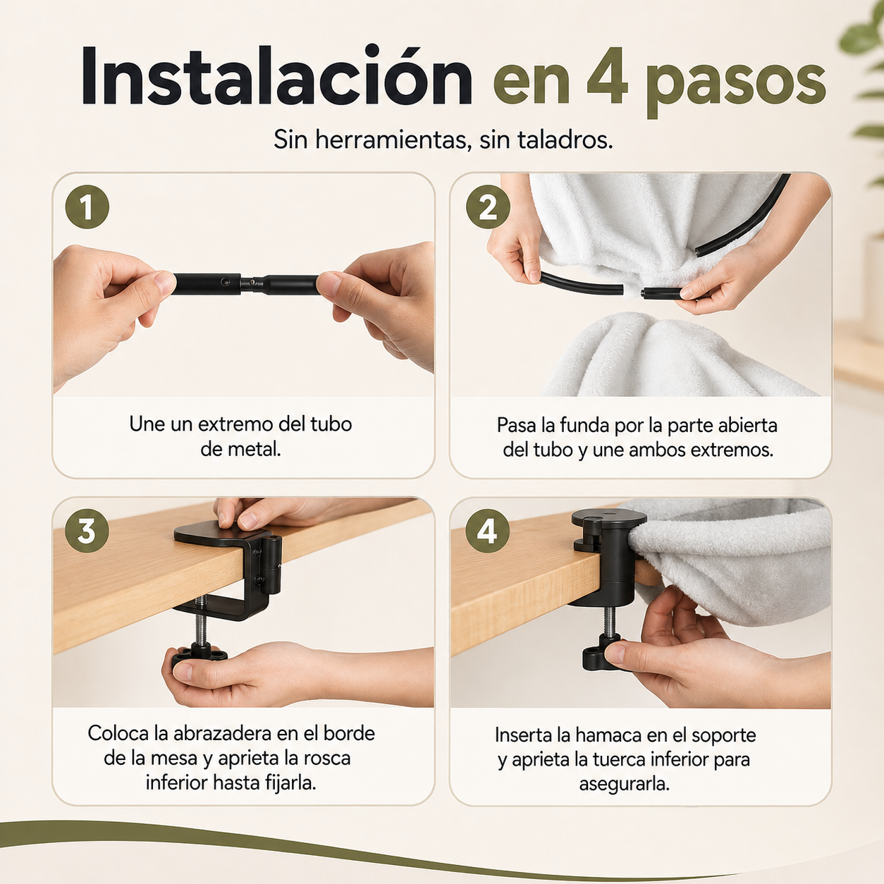 Instalación en cuatro pasos de hamaca para gatos de escritorio sin herramientas ni taladros