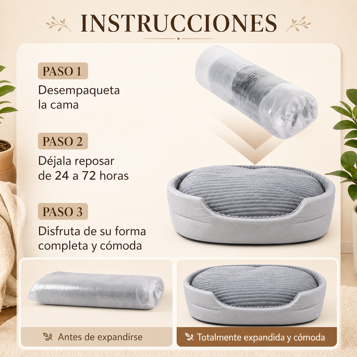 Instrucciones para desempaquetar y dejar expandir la cama ortopédica para mascotas