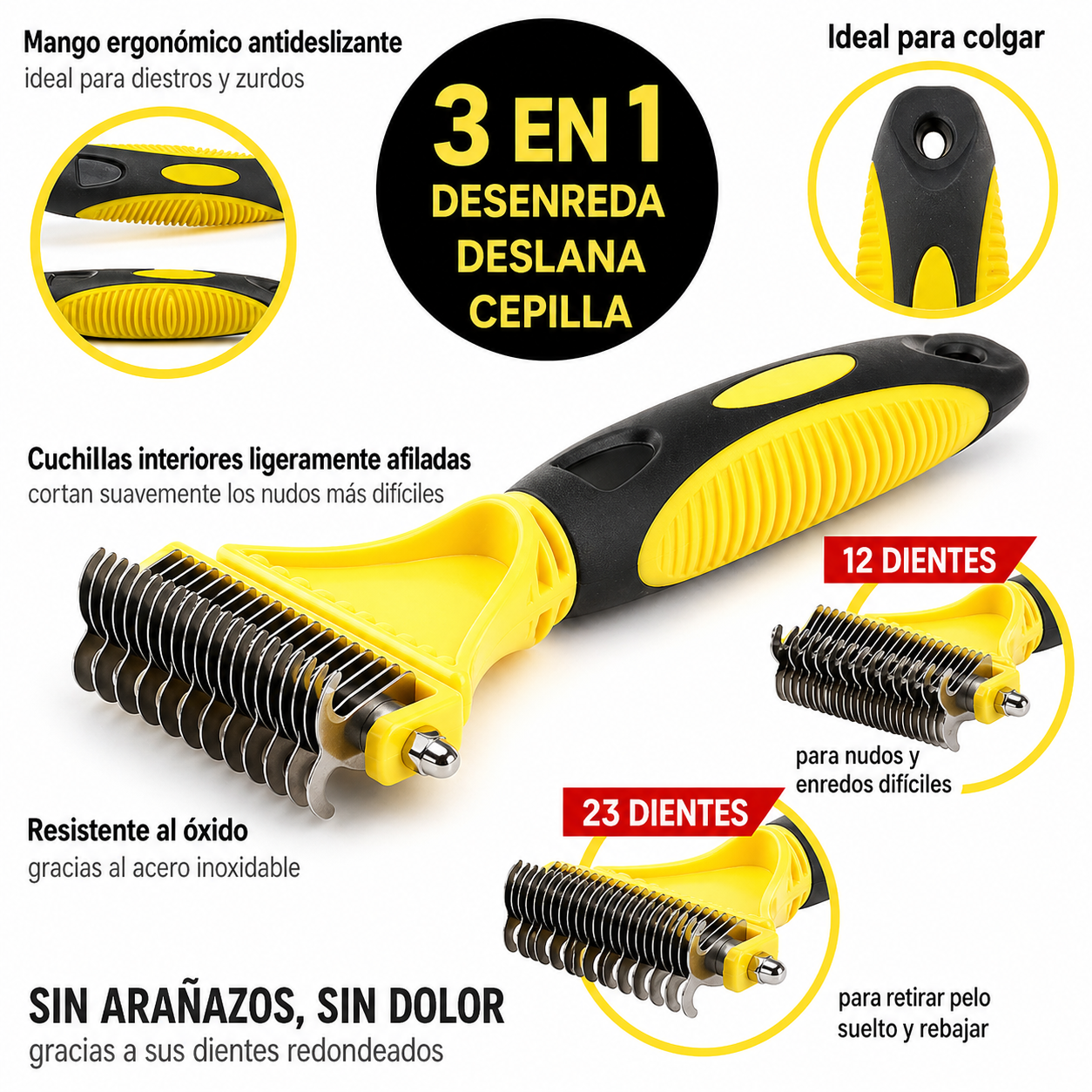 Peine 3 en 1 para desenredar retirar pelo suelto y cepillar mascotas