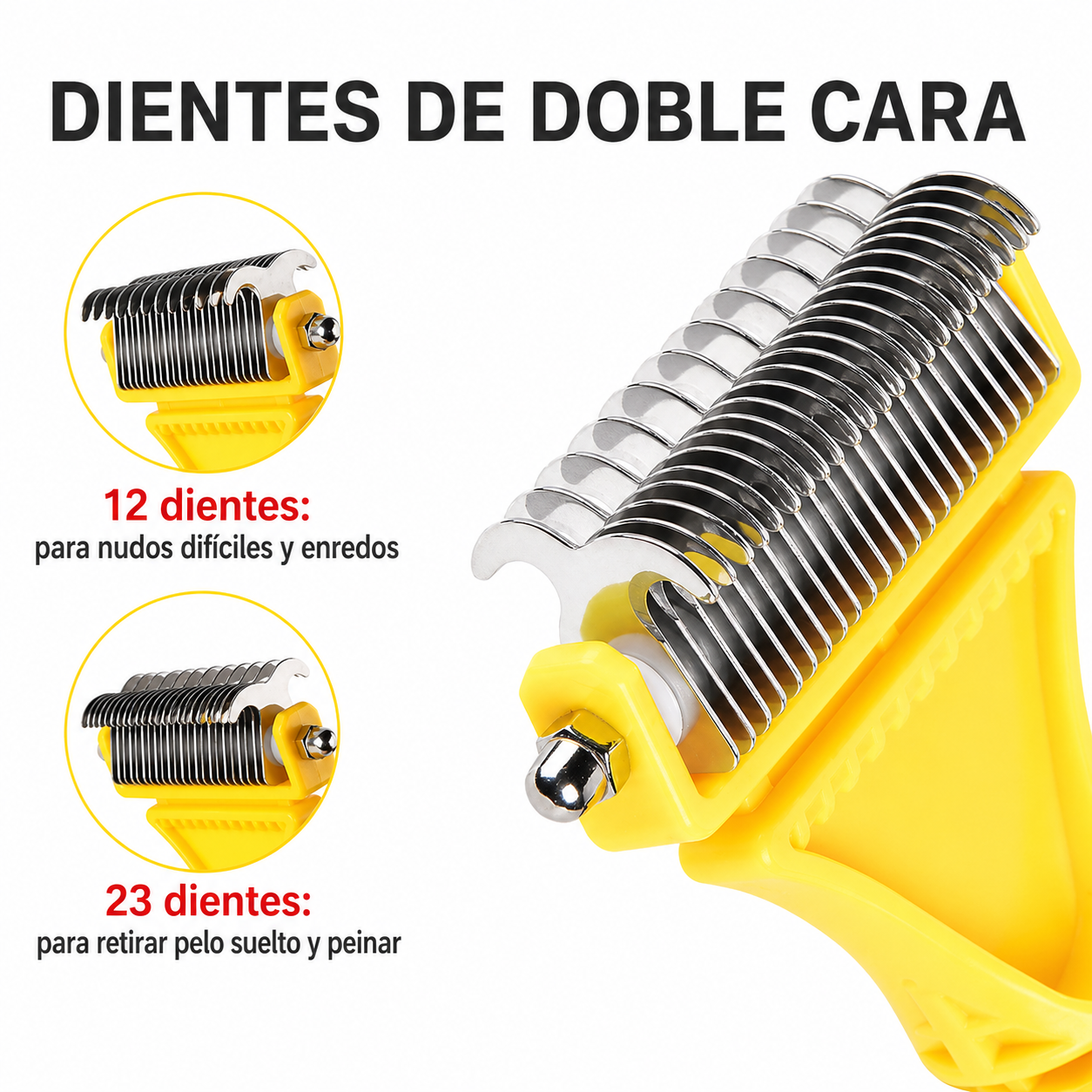 Peine quitanudos de doble cara con 12 y 23 dientes para perros y gatos