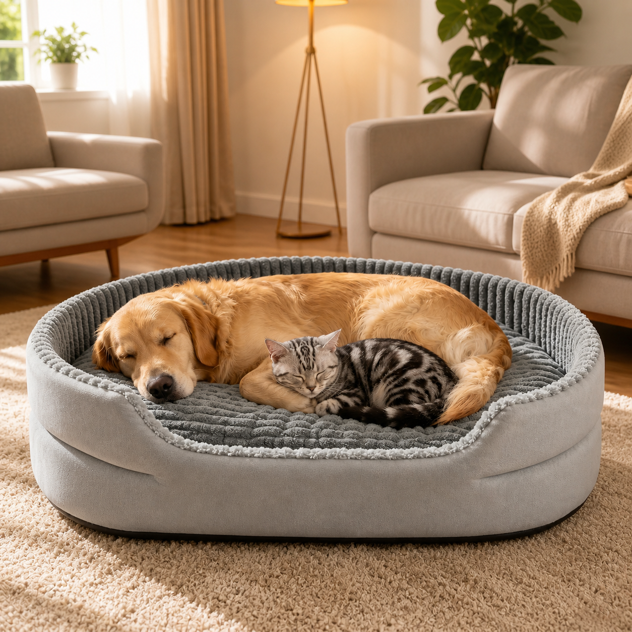 Perro y gato descansando juntos en una cama ortopédica acolchada